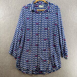 Angels By The Sea Blue & White Patterned Long Sleeve Rayon Tunic Top Size XL